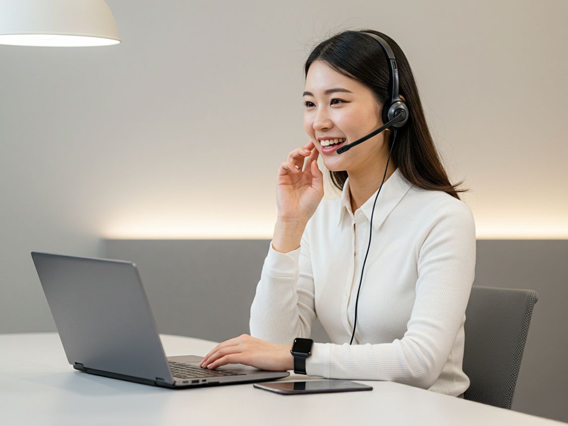 Customer service rep talks while using headset and laptop.